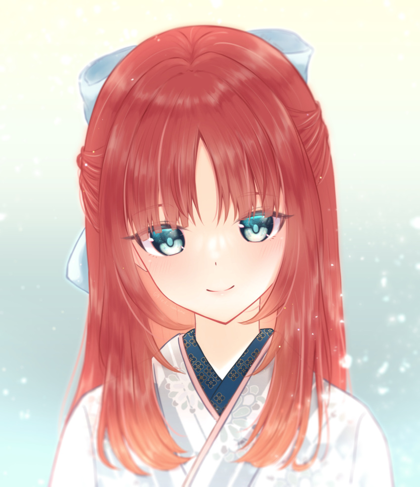 1girl blue_eyes blush bow genshin_impact hair_bow half_updo highres japanese_clothes kimono led_awaame looking_at_viewer nilou_(genshin_impact) smile solo upper_body