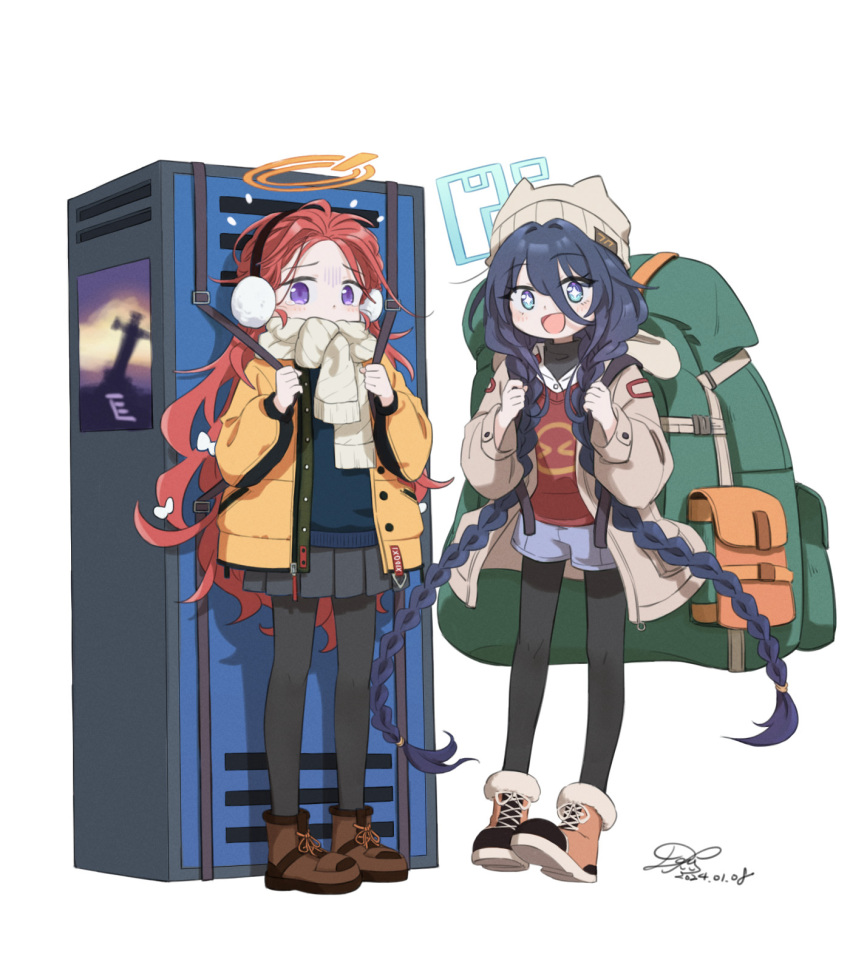 +_+ 2girls absurdly_long_hair aris_(blue_archive) beanie black_hair black_pantyhose black_skirt blue_archive blue_eyes blue_shorts blush boots braid brown_footwear brown_jacket brown_shirt collared_shirt cosplay dated dofus_(icyboon) full_body hare_(blue_archive) hare_(blue_archive)_(cosplay) hare_(camp)_(blue_archive) hat highres hood hood_down hooded_jacket jacket kotama_(blue_archive) kotama_(blue_archive)_(cosplay) kotama_(camp)_(blue_archive) long_hair long_sleeves looking_at_viewer multiple_girls open_clothes open_jacket open_mouth pantyhose pleated_skirt purple_eyes red_hair scarf shirt shorts signature simple_background skirt smile tears twin_braids very_long_hair white_background white_headwear white_scarf white_shirt yellow_jacket yuzu_(blue_archive)