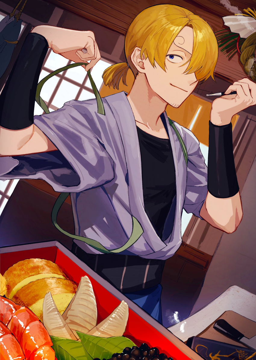 1boy bishounen blonde_hair blue_eyes curly_eyebrows facial_hair food gen_me hair_over_one_eye highres holding japanese_clothes kimono long_hair looking_at_viewer male_focus one_piece open_clothes open_kimono ribbon sanji_(one_piece) smile smoking solo