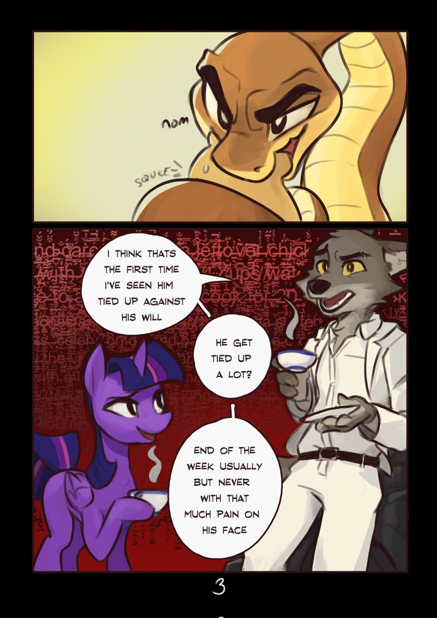 2022 anthro beverage bite canid canine canis comic container cup dreamworks equid equine female feral friendship_is_magic hasbro hi_res horn humor implied_violence ittybittykittytittys male mammal mr._snake_(the_bad_guys) mr._wolf_(the_bad_guys) my_little_pony reptile scalie snake tea the_bad_guys twilight_sparkle_(mlp) winged_unicorn wings wolf