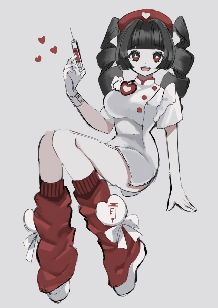 1girl black_hair blunt_bangs breasts buttons dress drill_hair full_body gloves hand_up hat heart heart_print highres holding holding_syringe leg_warmers long_hair looking_at_viewer medium_breasts nurse nurse_cap open_mouth original red_eyes red_headwear red_leg_warmers shiona_(siona0625) short_dress short_sleeves simple_background sitting smile solo syringe twin_drills white_dress white_gloves