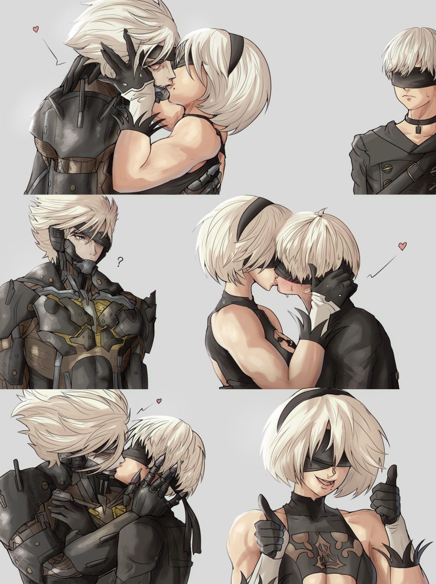 1girl 2b_(nier:automata) 2boys 9s_(nier:automata) absurdres back_cutout black_blindfold black_choker black_hairband blindfold choker clothing_cutout covered_eyes cyborg english_commentary eyepatch feather_trim hairband hand_on_another's_face hetero highres kiss mechanical_parts metal_gear_(series) metal_gear_rising:_revengeance mole mole_under_mouth multiple_boys muscular muscular_female nier:automata nier_(series) raiden_(metal_gear) short_hair smile thumbs_up yaoi yoracrab