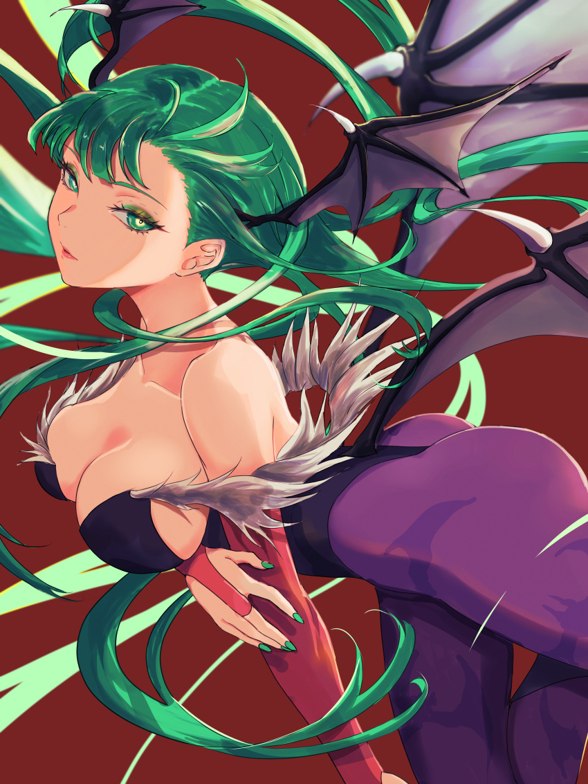 1girl absurdres animal_print ass bare_shoulders bat_print black_leotard breasts bridal_gauntlets cleavage demon demon_wings green_eyes green_hair green_nails head_wings highres large_breasts leotard lips long_hair looking_at_viewer morrigan_aensland pantyhose print_pantyhose purple_pantyhose simple_background solo vampire_(game) wings yuu_(primenumber7)