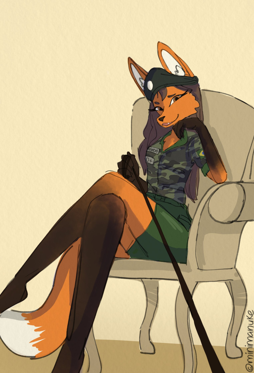 anthro army_uniform biped brazil brazilian brazilian_flag canid canine chair clothing female first_person_view furniture hi_res leash leashed_pov looking_at_viewer mammal maned_wolf minimanuke miranda_(naythf) multicolored_body on_chair simple_background sitting sitting_on_chair solo two_tone_body
