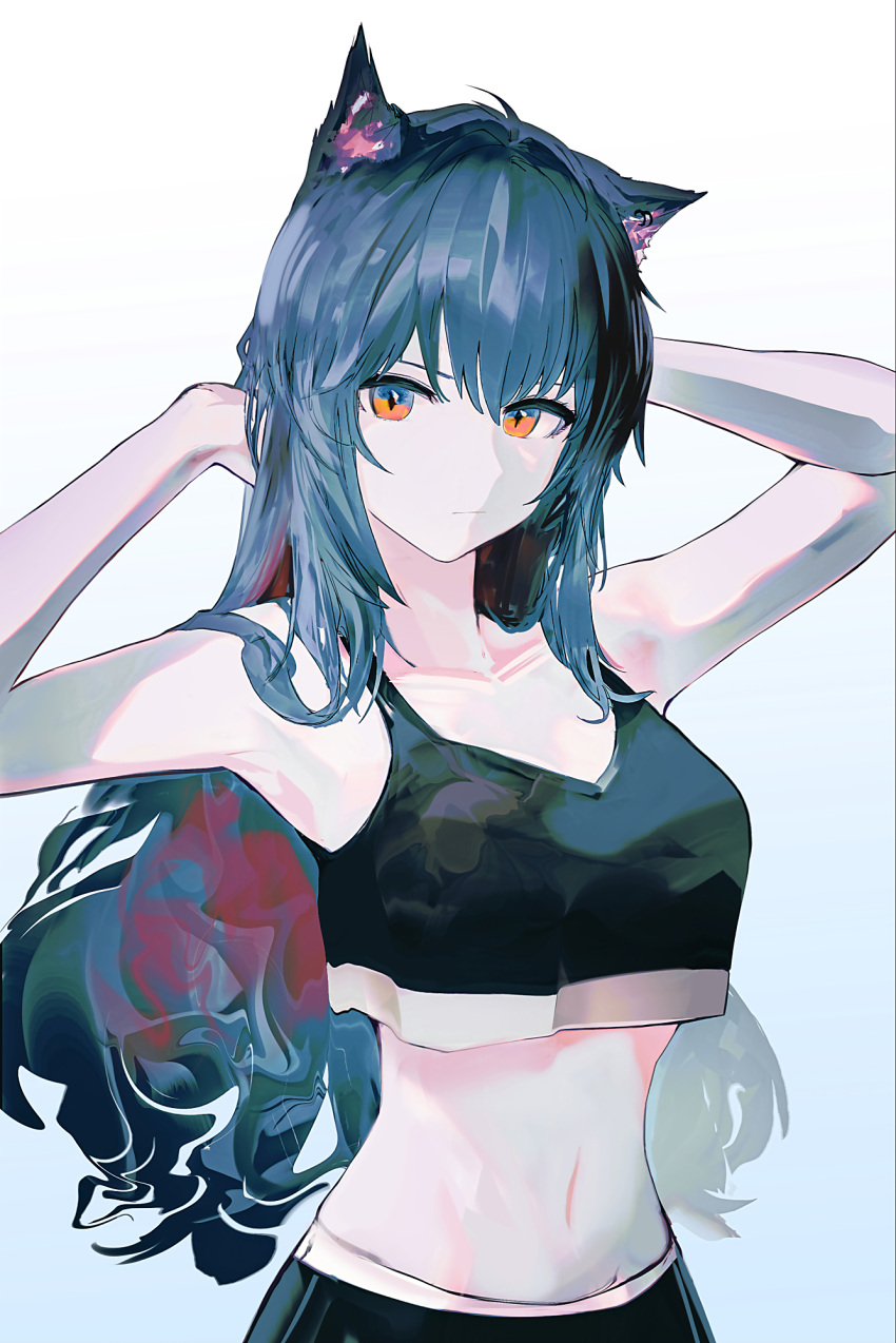 1girl ahoge alternate_costume animal_ear_fluff animal_ear_piercing animal_ears arknights arm_up armpit_crease arms_behind_head bare_arms bare_shoulders black_pants black_shirt blue_eyes blue_hair breasts casual closed_mouth collarbone colored_inner_hair commentary_request cropped_shirt expressionless gradient_background grey_background hair_between_eyes hair_flowing_over hair_intakes hand_in_own_hair hand_up highres hoop_piercing korean_commentary long_hair looking_at_viewer medium_breasts midriff multicolored_hair navel orange_eyes pale_skin pants partial_commentary piercing red_hair runamonet shirt sleeveless sleeveless_shirt solo standing stomach texas_(arknights) two-tone_background two-tone_eyes two-tone_hair upper_body very_long_hair white_background wolf_ears wolf_girl