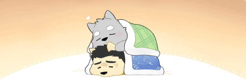 2boys bara black_hair blush chibi couple dog_boy grey_fur heart highres lying_on_person male_focus multiple_boys negative_space original peula_(pteragon) short_hair sleeping sleeping_on_person thick_eyebrows turn_pale under_covers yaoi