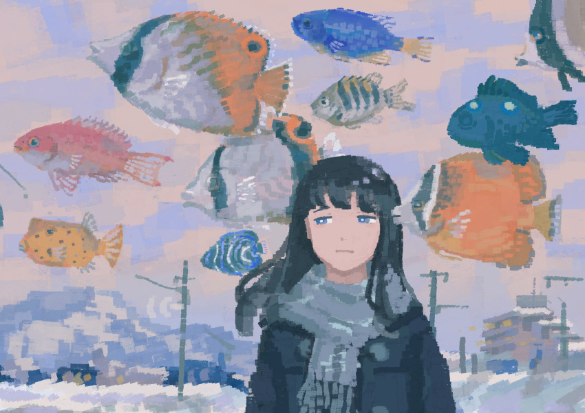 1girl :| absurdres black_coat black_hair blue_eyes building closed_mouth coat cropped_torso fish flying_fish grey_scarf highres katakai long_hair looking_to_the_side original outdoors purple_clouds scarf single_sidelock snow solo tropical_fish utility_pole