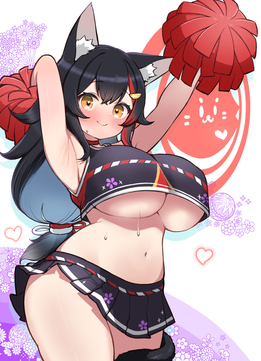 1girl animal_ear_fluff animal_ears armpits arms_up black_hair black_skirt blush breasts brown_eyes cheerleader cowboy_shot crop_top heart highres hololive kani_bonara large_breasts long_hair looking_at_viewer microskirt multicolored_hair navel ookami_mio pleated_skirt pom_pom_(cheerleading) red_hair skirt smile solo stomach streaked_hair tail tail_around_own_leg underboob virtual_youtuber wolf_ears wolf_girl wolf_tail