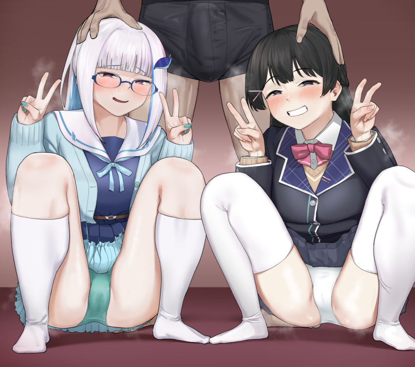 2girls aqua_panties ass black_eyes black_hair blazer blue_hair blue_nails blunt_bangs blush breasts bulge cameltoe double_v gamarenji glasses grin hair_ornament jacket kneehighs lize_helesta long_hair multicolored_hair multiple_girls nijisanji panties purple_eyes purple_hair school_uniform serafuku smile socks spread_legs squatting thighhighs tsukino_mito tsukino_mito_(1st_costume) two-tone_hair underwear v virtual_youtuber white_panties white_socks