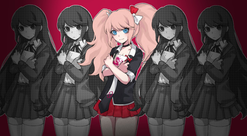 2girls black_choker black_necktie black_shirt blonde_hair blood book bow choker collarbone danganronpa/zero danganronpa:_trigger_happy_havoc danganronpa_(series) enoshima_junko hair_bow highres hugging_object hy_(fjvlg) jacket long_hair miniskirt multiple_girls multiple_views neck_ribbon necktie open_clothes open_jacket otonashi_ryouko pink_blood pleated_skirt red_background red_bow red_skirt ribbon shirt skirt smile spoilers thighhighs twintails white_bow white_necktie