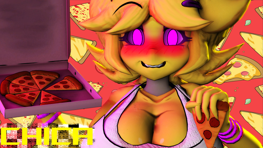 2023 animatronic anthro avian big_breasts blonde_hair blush bracelet breasts chica_(cally3d) chica_(fnaf) clothing detailed_background digital_drawing_(artwork) digital_media_(artwork) feathers female five_nights_at_freddy's food hair hi_res jewelry looking_at_viewer machine pizza purple_eyes raynkyper robot scottgames slice_of_pizza smile solo text topwear yellow_body yellow_feathers