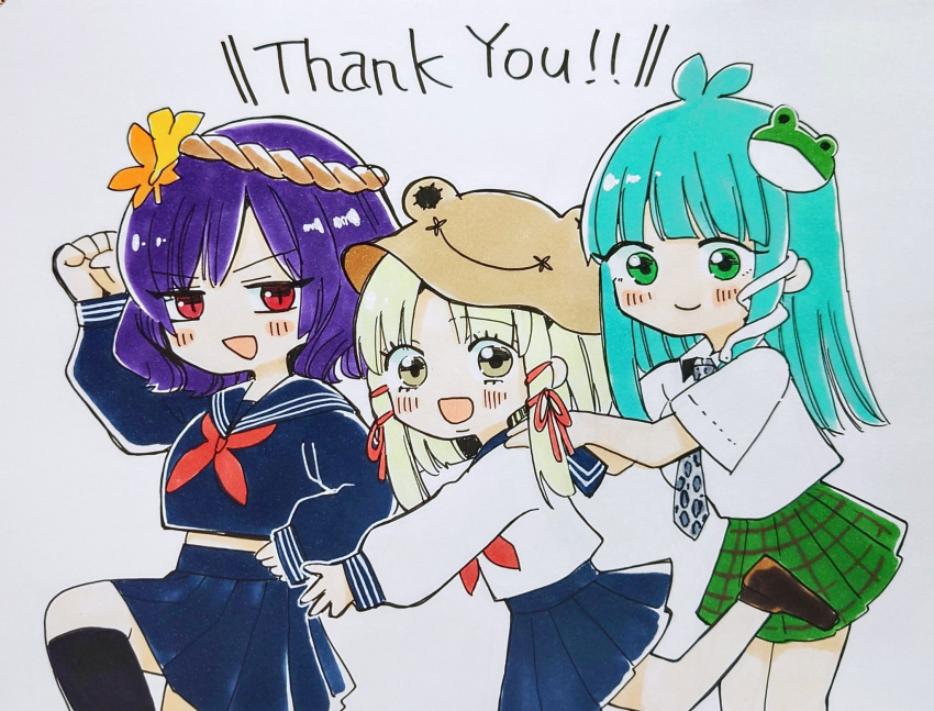 ! !! 3girls ahoge alternate_costume antenna_hair aqua_hair autumn_leaves black_socks blonde_hair blue_collar blue_necktie blue_sailor_collar blue_shirt blue_skirt blunt_bangs blush bow brown_headwear clenched_hand collar collarbone collared_shirt curly_hair english_text frog frog_hair_ornament green_eyes green_skirt hair_bow hair_ornament hairband hand_on_own_hip hands_on_another's_shoulders hat height_difference highres jaguar_print kneehighs kochiya_sanae leaf leaf_hair_ornament leaf_on_head long_hair long_sleeves medium_hair moriya_suwako multiple_girls neckerchief necktie open_mouth plaid plaid_skirt pleated_skirt puffy_long_sleeves puffy_sleeves purple_hair red_bow red_eyes red_neckerchief rope sailor sailor_collar sailor_shirt school_uniform shirt short_sleeves sidelocks simple_background skirt sleeves_past_wrists slit_pupils smile snake snake_hair_ornament socks touhou traditional_media uniform white_background white_shirt whoru yasaka_kanako yellow_eyes