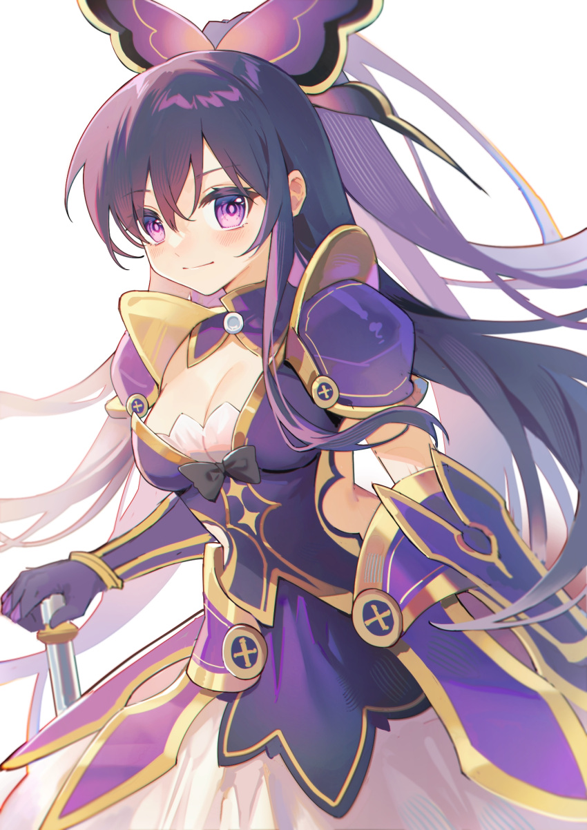 1girl armor armored_dress black_bow black_hair blush bow breasts bright_pupils cleavage cleavage_cutout closed_mouth clothing_cutout commentary cowboy_shot date_a_live eyelashes floating_hair hair_between_eyes highres long_hair looking_at_viewer medium_breasts purple_eyes sidelocks simple_background smile solo standing very_long_hair white_background yatogami_tooka yunweishukuang