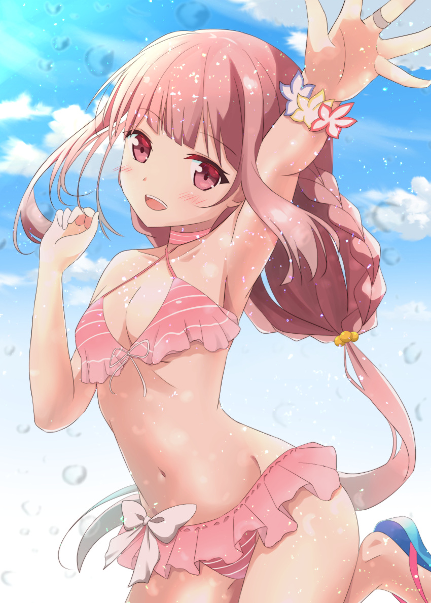 1girl :d bangs bikini blunt_bangs braid breasts cleavage frilled_bikini frills highres long_hair looking_at_viewer magia_record:_mahou_shoujo_madoka_magica_gaiden mahou_shoujo_madoka_magica navel pink_eyes pink_hair sandals sidelocks small_breasts smile solo striped striped_bikini swimsuit tamaki_iroha tooo88