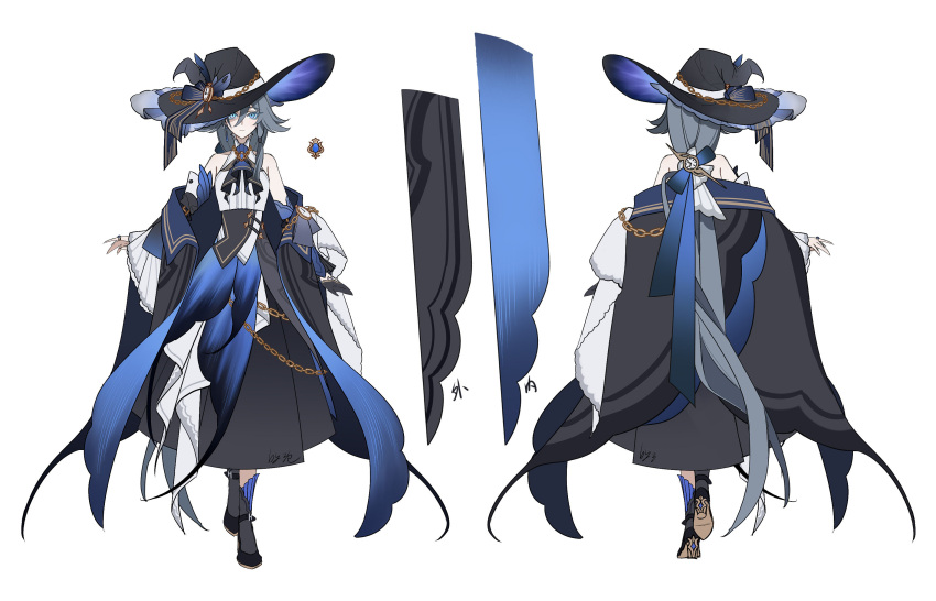 1girl alternate_costume artist_request bare_shoulders black_footwear black_skirt blue_butterfly blue_dress blue_eyes blue_hair boots bug butterfly closed_mouth dress fu_hua full_body grey_hair hair_between_eyes halloween halloween_costume hat highres honkai_(series) honkai_impact_3rd large_hat long_hair looking_at_viewer low_ponytail ponytail sanseling simple_background skirt solo standing too_many_butterflies white_background witch witch_hat
