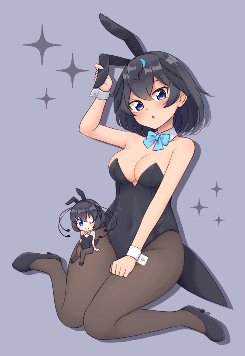 2girls :o animal_ears black_footwear black_hair black_leotard blue_bow blue_bowtie blue_eyes bob_cut bow bowtie breasts closed_mouth coattails commentary detached_collar fake_animal_ears grey_background grey_pantyhose high_heels highres kemono_friends leotard looking_at_viewer medium_breasts mini_person minigirl multiple_girls one_eye_closed open_mouth pantyhose playboy_bunny rabbit_ears shadow shiraha_maru short_hair sitting sitting_on_lap sitting_on_person smile strapless strapless_leotard superb_bird-of-paradise_(kemono_friends) wariza western_parotia_(kemono_friends)