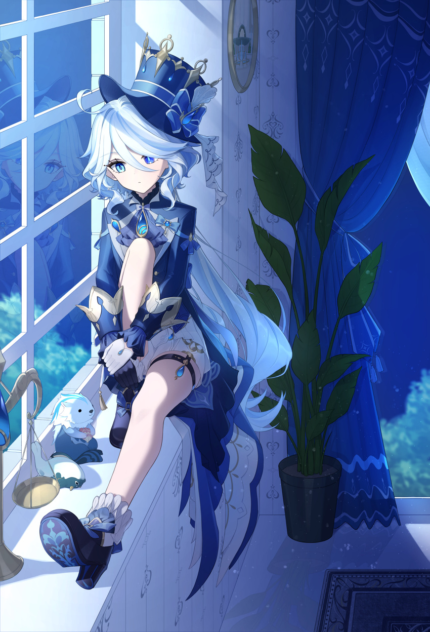 1girl absurdres ahoge ascot asymmetrical_gloves black_gloves blubberbeast_(genshin_impact) blue_ascot blue_bow blue_brooch blue_coat blue_eyes blue_footwear blue_hair blue_headwear blue_theme bow closed_mouth coat commentary_request curtains dot_nose drop-shaped_pupils furina_(genshin_impact) furrowed_brow genshin_impact gloves hair_between_eyes hat hat_bow heterochromia high_heels highres hugging_own_legs indoors knee_up kodona leisurely_otter_(genshin_impact) light_blue_hair lolita_fashion long_hair long_sleeves looking_down low_twintails mismatched_gloves mismatched_pupils multicolored_hair neneko_sleep plant potted_plant reflection short_shorts shorts sidelocks sitting sitting_on_object solo streaked_hair thigh_strap thighs top_hat twintails wavy_hair white_gloves white_shorts window