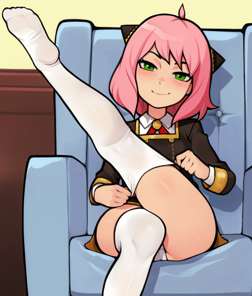 1girl adjusting_clothes adjusting_legwear ahoge anya_(spy_x_family) black_dress blush closed_mouth collared_shirt commentary couch dress eden_academy_school_uniform english_commentary feet foot_out_of_frame gold_trim green_eyes hairpods highres indoors kneepits leg_up legs long_sleeves loodncrood looking_at_viewer medium_hair neckerchief no_shoes on_couch panties pink_hair red_neckerchief school_uniform shadow shirt sitting smile smug soles solo spy_x_family thighhighs thighs toes underwear white_panties white_shirt white_thighhighs