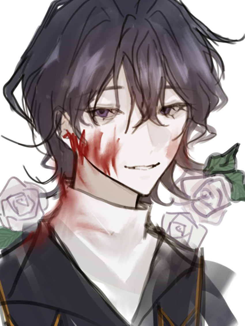 1boy black_hair blood blood_on_clothes blood_on_face chinese_commentary commentary_request dgjbtytdw flower hair_between_eyes highres male_focus pale_skin portrait purple_eyes rose saibou_shinkyoku shirt simple_background sketch smile solo utsugi_noriyuki white_background white_flower white_rose white_shirt