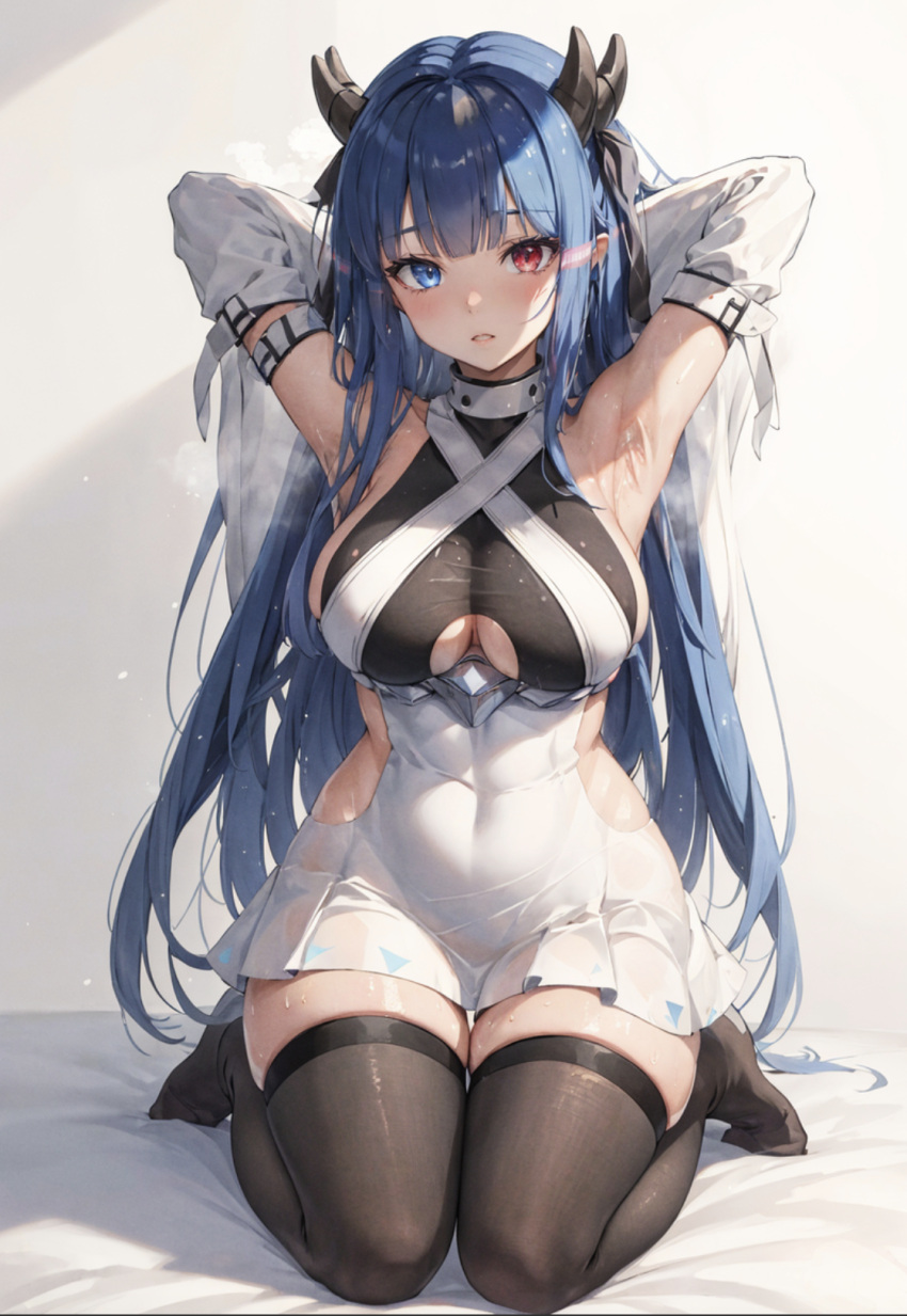 1girl ai-generated armpits azur_lane blue_hair breasts heterochromia highres horns ibuki_(azur_lane) large_breasts light_smile non-web_source thighhighs thighs