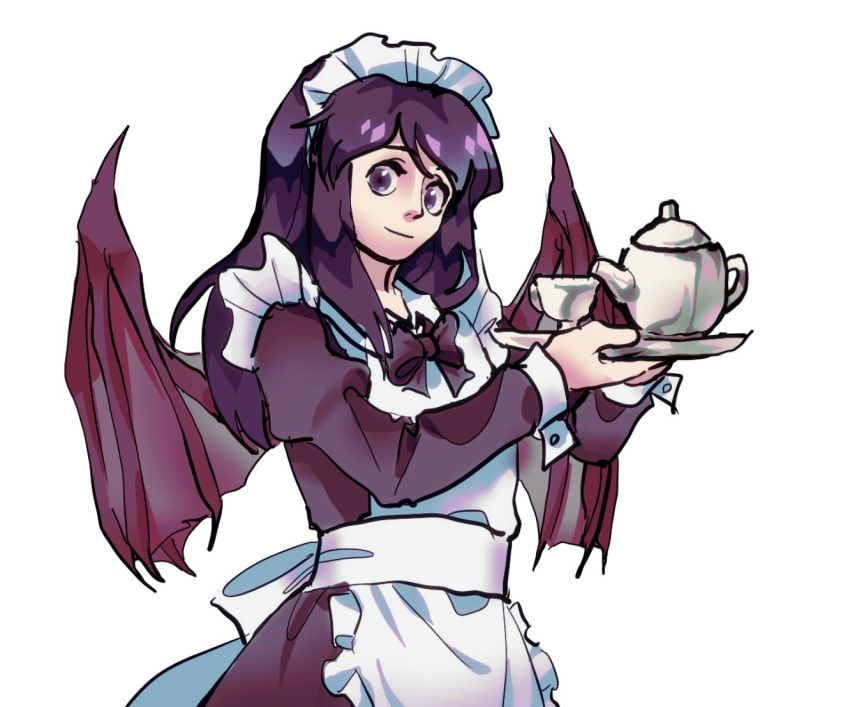 1girl apron back_bow bat_wings borrowed_character bow bowtie closed_mouth commentary_request cowboy_shot cup dress eyelashes frilled_apron frills hair_over_shoulder holding holding_tray juliet_sleeves korean_commentary long_hair long_sleeves looking_at_viewer maid maid_headdress original puffy_sleeves purple_bow purple_bowtie purple_dress purple_eyes purple_hair purple_sleeves purple_wings simple_background smile solo teacup teapot tray waiwa_way white_apron white_background white_bow white_headdress wings