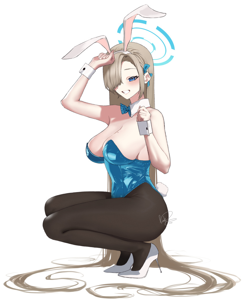 1girl absurdres animal_ears asuna_(blue_archive) asuna_(bunny)_(blue_archive) asymmetrical_bangs black_pantyhose blue_archive blue_bow blue_bowtie blue_eyes blue_halo blue_leotard bow bowtie breasts cleavage commission detached_collar english_commentary fake_animal_ears grin hair_over_one_eye halo high_heels highres large_breasts leotard light_brown_hair long_hair looking_at_viewer mole mole_on_breast nanndayoo official_alternate_costume pantyhose playboy_bunny rabbit_ears rabbit_tail simple_background smile solo squatting strapless strapless_leotard tail traditional_bowtie white_background white_footwear wrist_cuffs