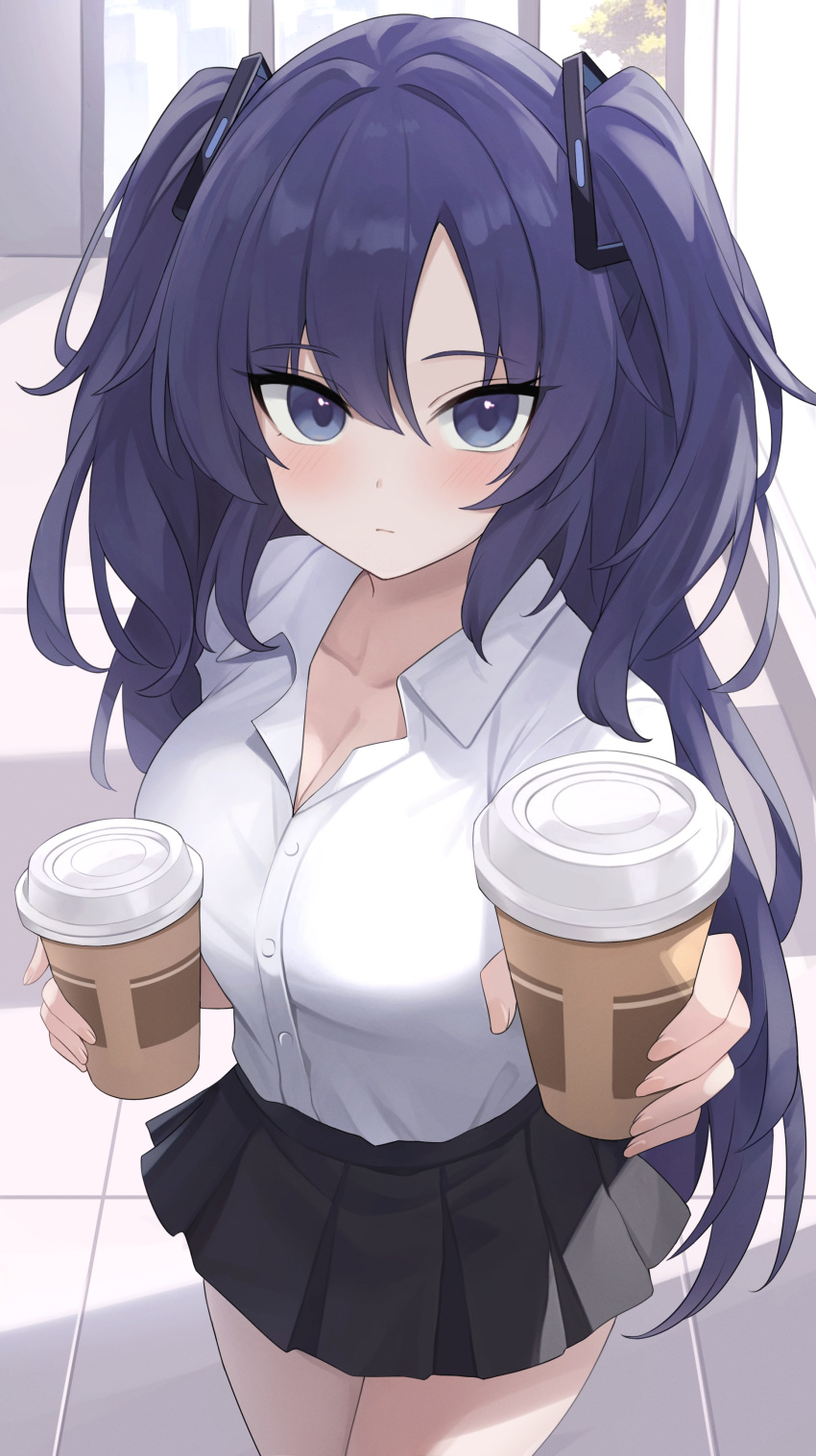 1girl absurdres black_skirt blue_archive blush breasts buttons cleavage closed_mouth collared_shirt cowboy_shot cup highres holding holding_cup long_hair looking_at_viewer pleated_skirt purple_eyes purple_hair shirt skirt solo two_side_up white_shirt yuuka_(blue_archive) zeatto