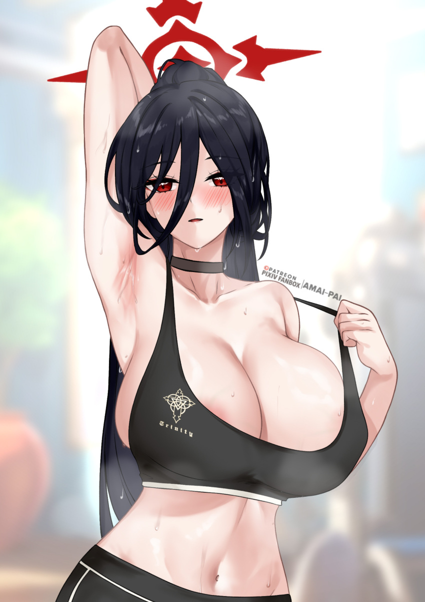 1girl absurdres amai-pai areola_slip armpit_crease armpits bare_arms bare_shoulders black_hair black_wings blue_archive blush breasts cleavage hair_between_eyes halo hasumi_(blue_archive) highres huge_breasts long_hair navel ponytail red_eyes red_halo sidelocks sleeveless solo stomach sweat very_long_hair wings