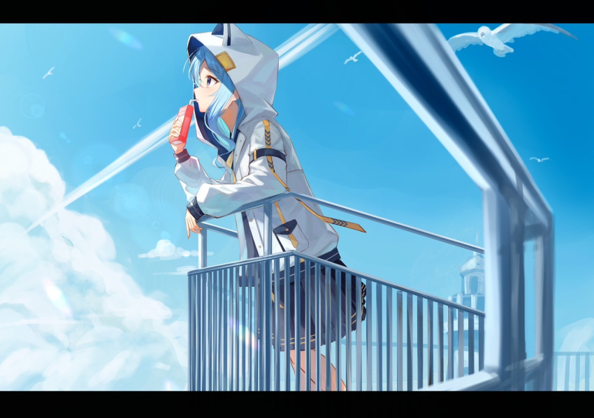 1girl against_railing animal_hood apple_juice arm_rest blue_eyes blue_hair blue_sky cat_hood cloud cloudy_sky commentary day drink drinking english_commentary feet_out_of_frame from_side hands_up holding holding_drink hololive hood hood_up hooded_jacket hoshimachi_suisei hoshimachi_suisei_(school_uniform) jacket juice juice_box letterboxed long_sleeves medium_hair official_alternate_costume outdoors pleated_skirt railing school_uniform sidelocks skirt sky solo standing virtual_youtuber white_jacket xyunx