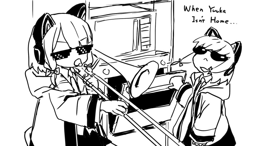 2girls blue_archive dress_shirt english_text highres instrument jacket meme midori_(blue_archive) momoi_(blue_archive) monochrome multiple_girls music odayaka playing_instrument shirt sunglasses when_mama_isn't_home_(meme)