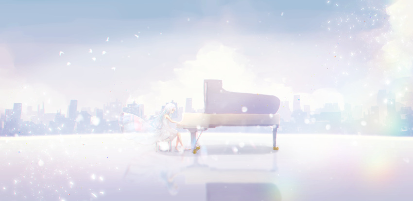 1girl absurdres blue_eyes commentary dress english_commentary high_heels highres instrument led_awaame long_hair music on_bench original piano piano_bench playing_instrument see-through see-through_dress sitting skyline sleeveless sleeveless_dress solo sparkle very_long_hair white_hair white_theme