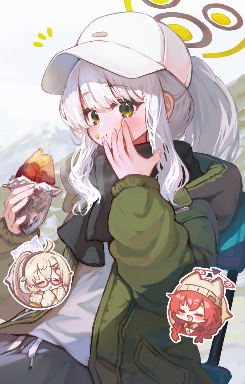 3girls absurdres black_scarf black_shorts blue_archive blush chair closed_mouth fingernails food food_on_face green_eyes green_jacket grey_hair halo hare_(blue_archive) hare_(camp)_(blue_archive) hat highres holding holding_food jacket kotama_(blue_archive) kotama_(camp)_(blue_archive) long_hair long_sleeves looking_at_viewer maki_(blue_archive) maki_(camp)_(blue_archive) multiple_girls official_alternate_costume open_clothes open_jacket ponytail qc6 scarf shorts simple_background sitting solo_focus sweet_potato white_background white_headwear