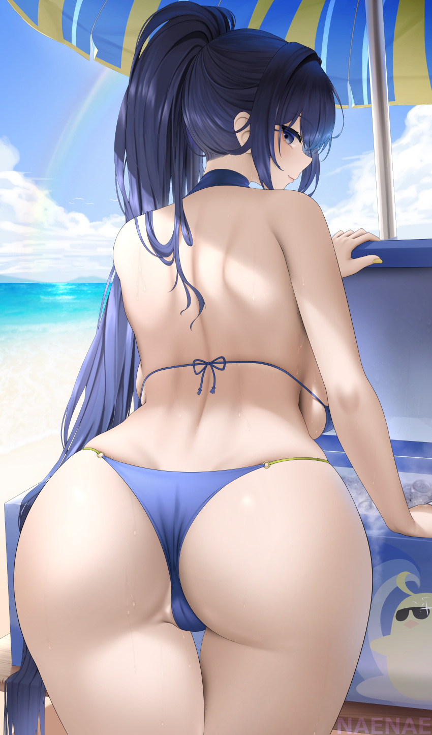 1girl absurdres ass ass_focus azur_lane back bare_shoulders beach bikini blue_bikini blue_eyes blue_hair blush breasts closed_mouth commentary_request fouriasensei halterneck highres large_breasts long_hair looking_at_viewer looking_back new_jersey_(azur_lane) new_jersey_(midsummer_leisure)_(azur_lane) official_alternate_costume outdoors parasol ponytail smile solo string_bikini swimsuit umbrella water