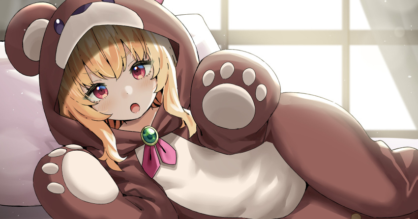 1girl :o animal_costume animal_ears bandaid bandaid_on_knee bandaid_on_leg bear_costume bear_ears bed blonde_hair blush cropped curtains highres indoors little_witch_nobeta looking_at_viewer lying nobeta official_art on_bed on_side open_mouth pillow red_eyes solo window