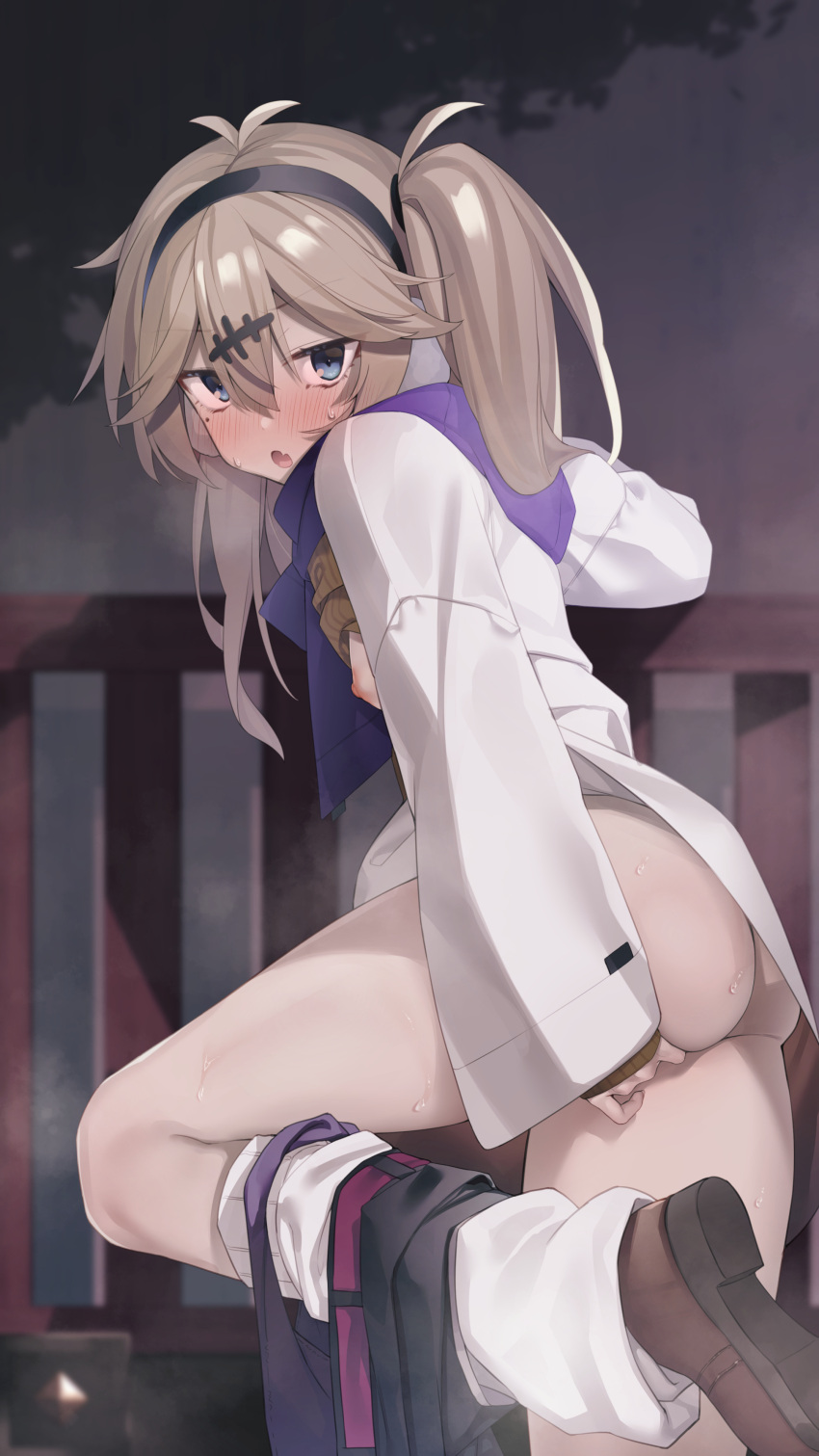 1girl absurdres ass blue_eyes blush breasts clothes_lift coat come_hither earmuffs grey_hair hair_ornament hairclip heavy_breathing highres kasukabe_tsumugi leg_up loafers long_hair looking_at_viewer looking_back loose_socks nipples one_side_up open_clothes open_coat open_mouth outdoors panties panties_around_one_leg partner_(kprtnr) purple_panties purple_scarf railing scarf shoes shorts shorts_around_one_leg small_breasts socks solo steaming_body sweat sweater sweater_lift thighs underwear voicevox white_coat