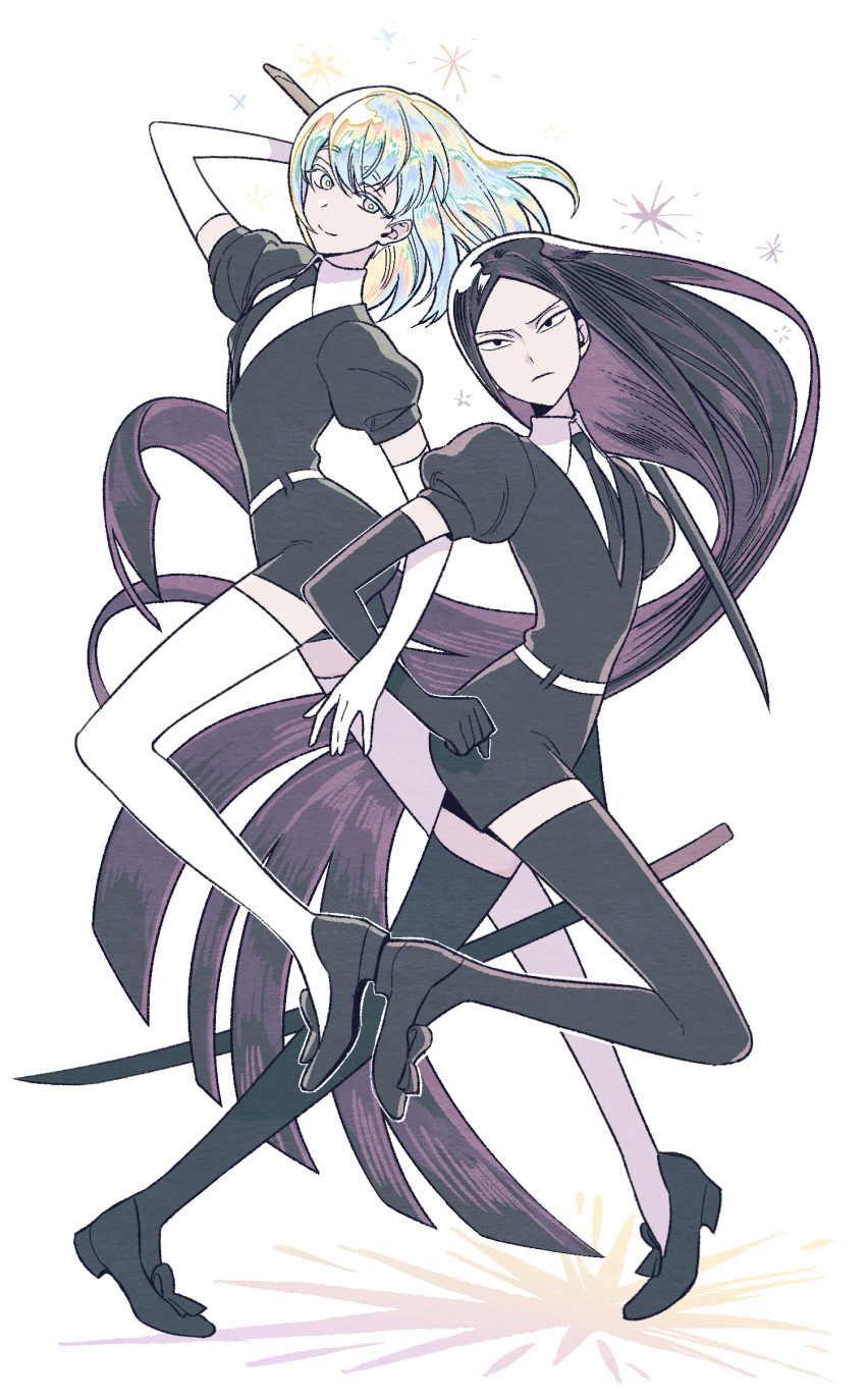 2others absurdres black_gloves black_hair black_necktie bort crystal_hair diamond_(houseki_no_kuni) elbow_gloves full_body gatan666 gem_uniform_(houseki_no_kuni) gloves highres houseki_no_kuni long_hair looking_at_viewer multicolored_eyes multicolored_hair multiple_others necktie other_focus rainbow_eyes rainbow_hair shirt short_hair short_sleeves shorts smile sparkle sword thighhighs very_long_hair weapon white_gloves