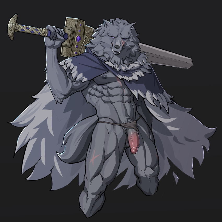 2022 abs anthro balls biceps big_muscles big_penis black_background blaidd_(elden_ring) canid canine canis cape clothing clothing_aside elden_ring fromsoftware fur genitals hi_res holding_object holding_sword holding_weapon humanoid_genitalia humanoid_penis looking_at_viewer male mammal melee_weapon muscular muscular_anthro muscular_male navel nipples obliques pecs penis scar simple_background solo standing sword thong thong_aside tuft underwear underwear_aside usingincognito video_games weapon wolf