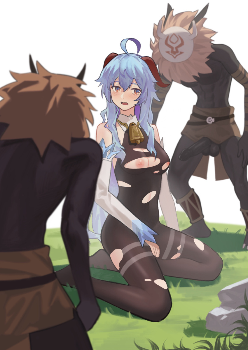 1girl 2boys abs absurdres bangs bell blue_hair bodystocking breasts cleavage covered_navel dark-skinned_male dark_skin detached_sleeves erection ganyu_(genshin_impact) genshin_impact goat_horns grass highres hilichurl_(genshin_impact) horns long_hair mask medium_breasts momomoi multiple_boys neck_bell nipples penis rock testicles torn_clothes white_background