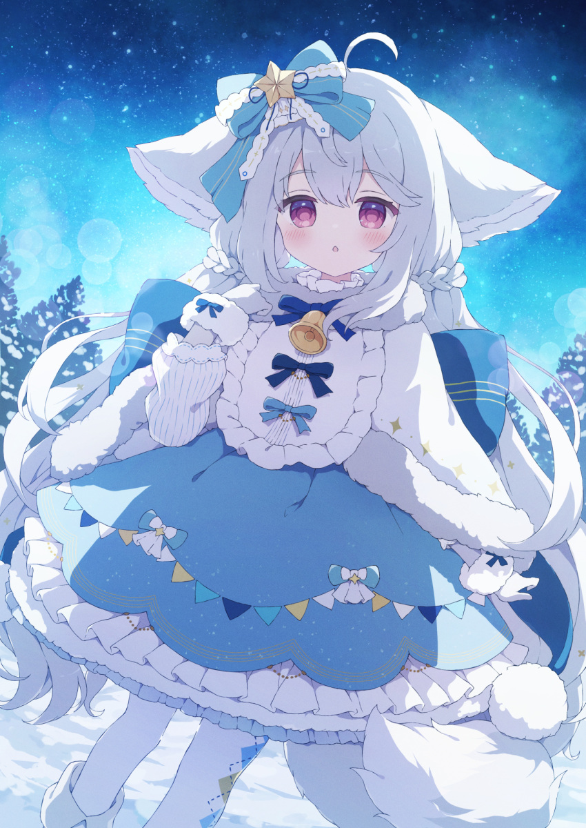1girl animal_ears bell blue_bow blue_dress blush bow commentary_request commission dress feet_out_of_frame fox_ears fox_girl fox_tail fur_trim hair_bow highres long_hair looking_at_viewer low_twintails neck_bell original parted_lips purple_eyes sakurada_shiro skeb_commission solo standing tail twintails tyakomes white_hair winter_clothes