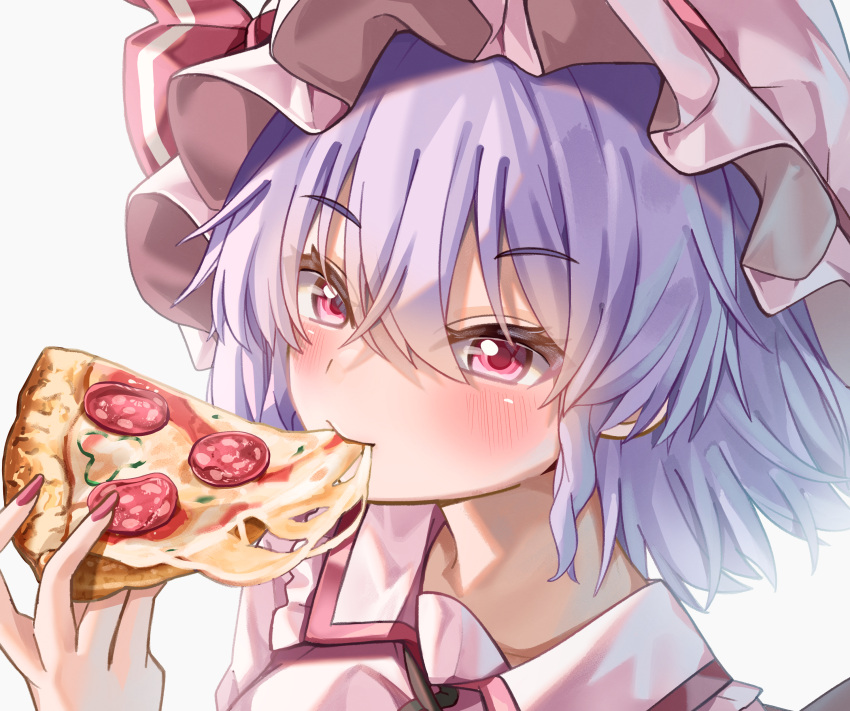 1girl absurdres collared_shirt eating food hat highres holding holding_food maboroshi_mochi mob_cap pink_headwear pink_shirt pizza purple_hair red_eyes red_nails remilia_scarlet shirt solo touhou white_background