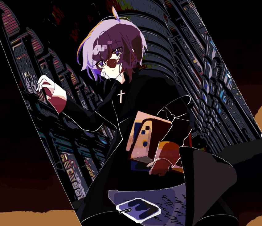 1boy ahoge asymmetrical_hair bandaid bandaid_on_face book bright_pupils cross cross_necklace dark_background flying_paper happy_saint_sheol highres holding holding_book jewelry library locker looking_down necklace paper priest purple_eyes purple_hair qcu_ssn securett_rafe shadowed solo white_pupils