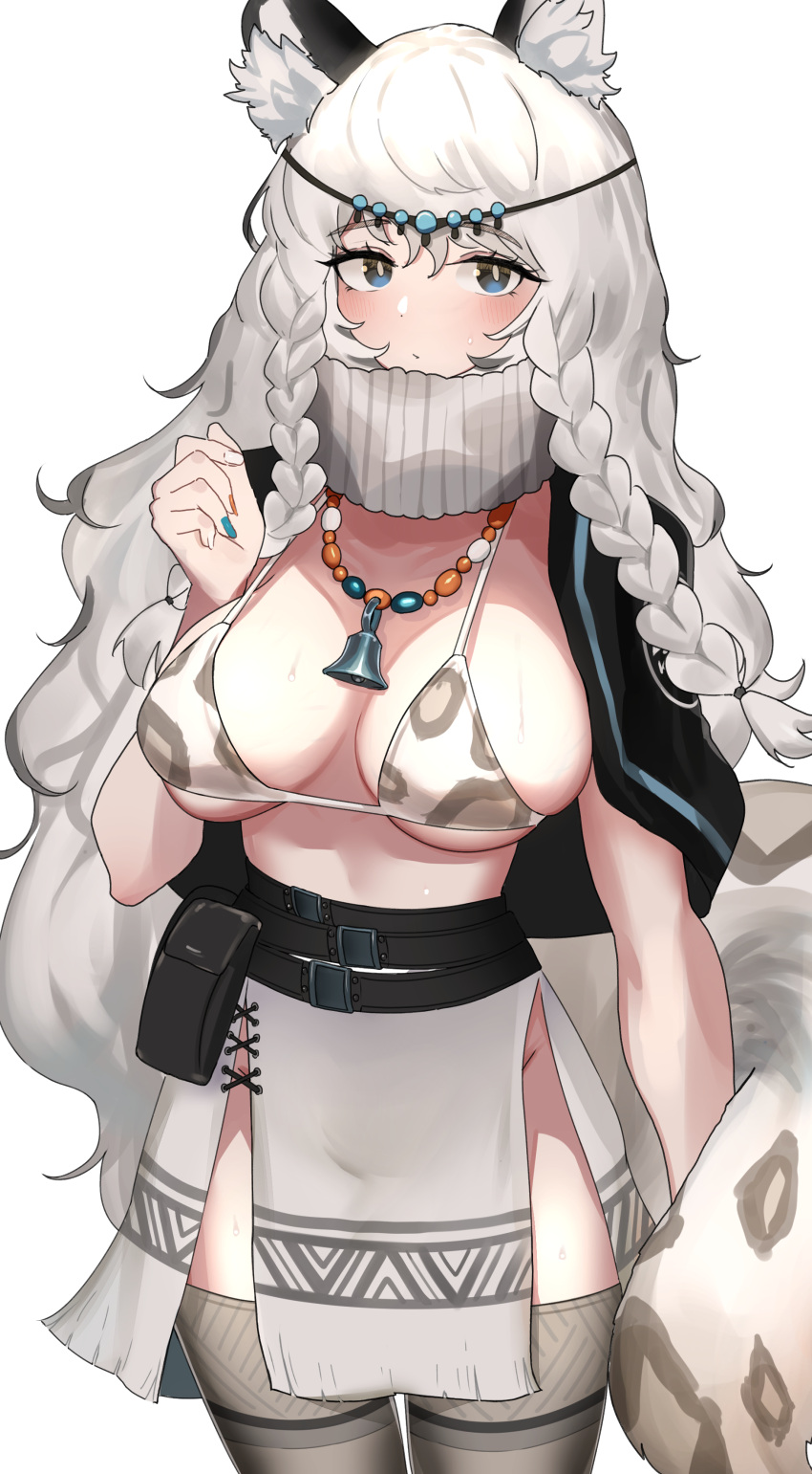 1girl 360_(taiyo360) absurdres adapted_costume animal_ears animal_print arknights bell black_capelet blue_eyes bra braid breasts capelet cowboy_shot grey_thighhighs groin highres jewelry large_breasts leopard_ears leopard_girl leopard_print leopard_tail long_hair looking_at_viewer neck_bell necklace pramanix_(arknights) print_bra side_braids simple_background skirt solo tail thighhighs tiara underwear very_long_hair white_background white_hair white_skirt