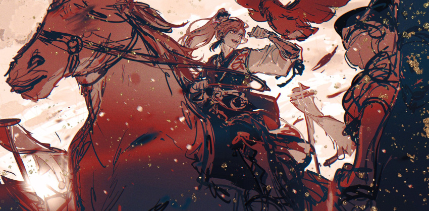 1boy archer_(fate/samurai_remnant) arm_up bird boots chinese_clothes chinese_hairpin cloud earrings egotism english_commentary fate/samurai_remnant fate_(series) flag high_ponytail highres holding holding_reins horse horseback_riding jewelry limited_palette looking_at_animal open_mouth reins riding smile tassel tassel_earrings
