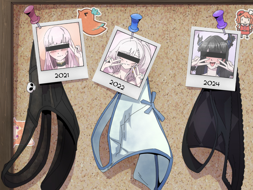 4girls ahegao bar_censor black_panties blush border bulletin_board cameo censored covered_eyes double_v hands_up hololive hololive_english hololive_indonesia holtzworks indoors kotori_(takanashi_kiara) long_hair looking_at_viewer multiple_girls nerissa_ravencroft open_mouth panties pavolia_reine photo_(object) polaroid pushpin saliva simple_background smol_kiara sticker sweat takanashi_kiara thumbtack tongue tongue_out underwear v white_panties