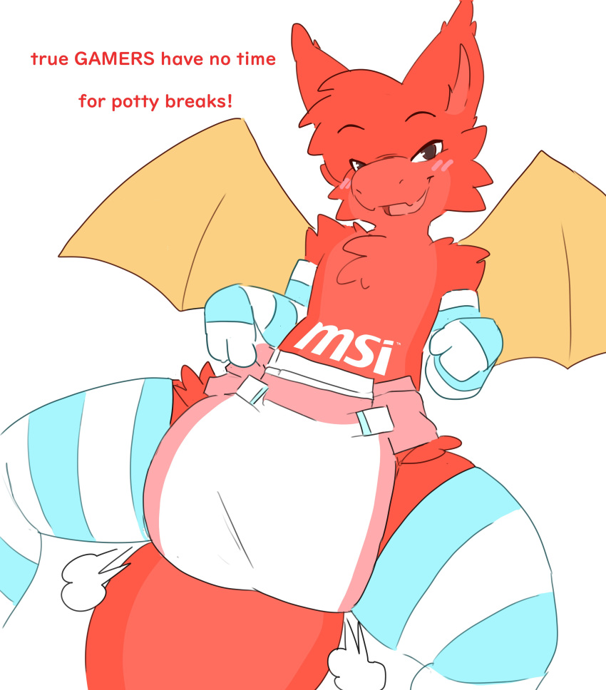absurd_res anthro arm_warmers armwear biped blush cheek_tuft chest_tuft clean_diaper clothed clothing diaper dragon english_text facial_tuft fangs fluffy fur hardscales head_tuft hi_res inner_ear_fluff legwear looking_at_viewer male msi_dragon_lucky pattern_armwear pattern_clothing pattern_legwear red_body red_fur shoulder_tuft simple_background smile solo striped_armwear striped_clothing striped_legwear stripes teeth text thigh_highs tuft wearing_diaper wings yellow_wings