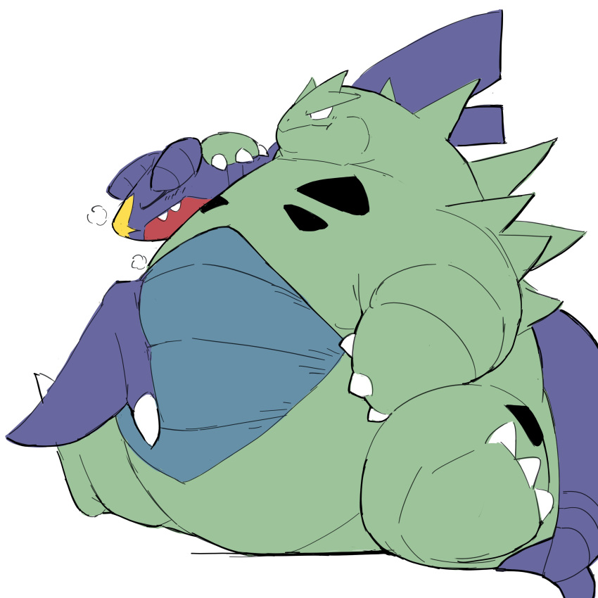 absurd_res acinomiya anthro arms_around_partner belly big_belly breath chubby_cheeks duo embrace garchomp generation_2_pokemon generation_4_pokemon hi_res hug male male/male nintendo overweight overweight_anthro overweight_male pokemon pokemon_(species) resting sitting tyranitar