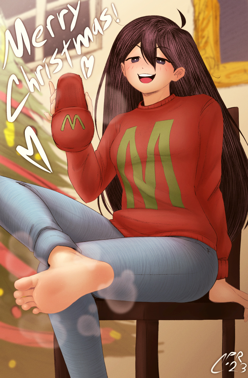 1girl absurdres barefoot blush cabronpr christmas_tree crossed_legs denim english_commentary feet foot_focus highres holding holding_clothes holding_footwear jeans long_hair looking_at_viewer mari_(omori) merry_christmas omori open_mouth pants parody presenting_foot red_sweater slippers soles solo steam style_parody sweater teeth toes unworn_slippers upper_teeth_only