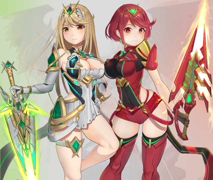 2girls aegis_sword_(xenoblade) blonde_hair breasts circlet cleavage cleavage_cutout closed_mouth clothing_cutout commentary_request core_crystal_(xenoblade) earrings energy_blade energy_sword feet_out_of_frame foot_out_of_frame gatchan glowing glowing_sword glowing_weapon highres holding holding_sword holding_weapon jewelry legs long_hair looking_at_viewer medium_hair multiple_girls mythra_(xenoblade) pyra_(xenoblade) red_eyes red_hair simple_background sword weapon xenoblade_chronicles_(series) xenoblade_chronicles_2 yellow_eyes