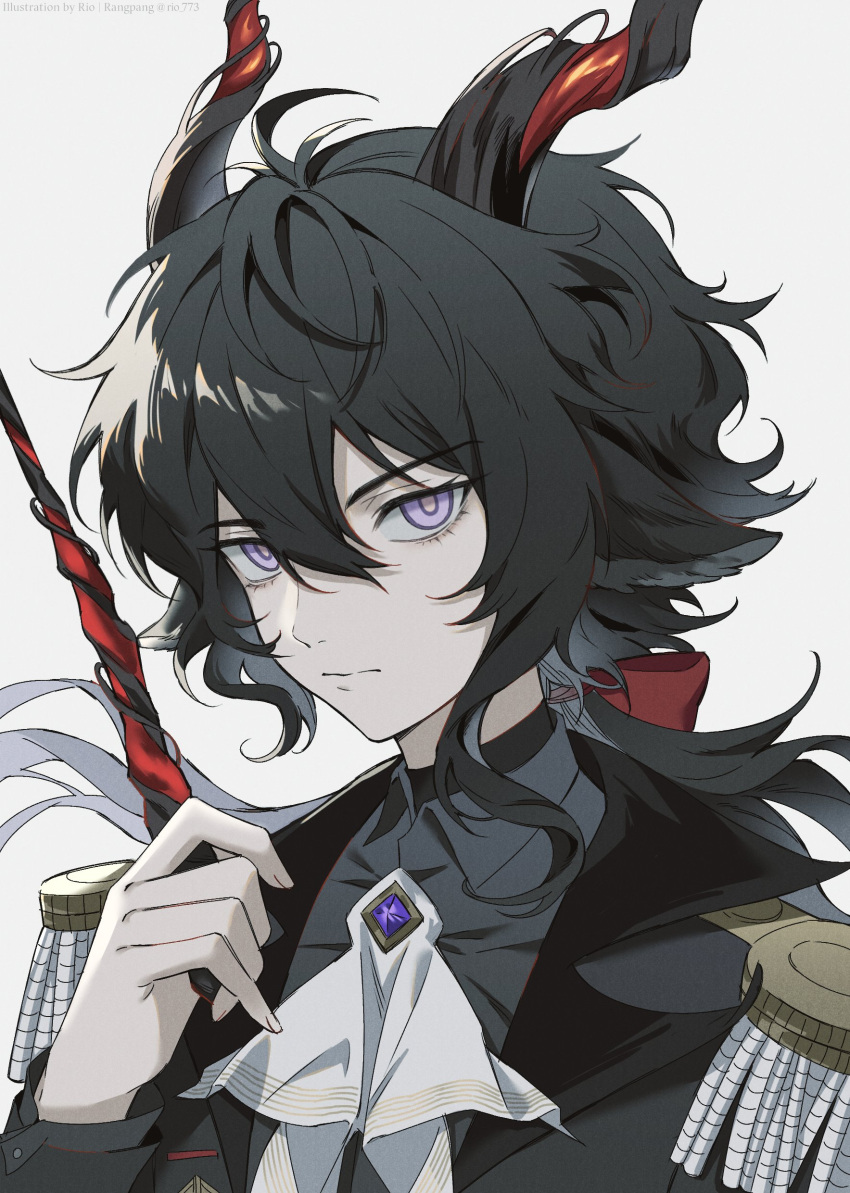 1boy absurdres animal_ears arknights black_hair black_jacket black_shirt collared_shirt commentary ebenholz_(arknights) epaulettes frown goat_boy goat_ears goat_horns highres holding holding_wand horns jacket long_hair looking_at_viewer male_focus purple_eyes rio_(rio773) serious shirt simple_background solo wand white_background