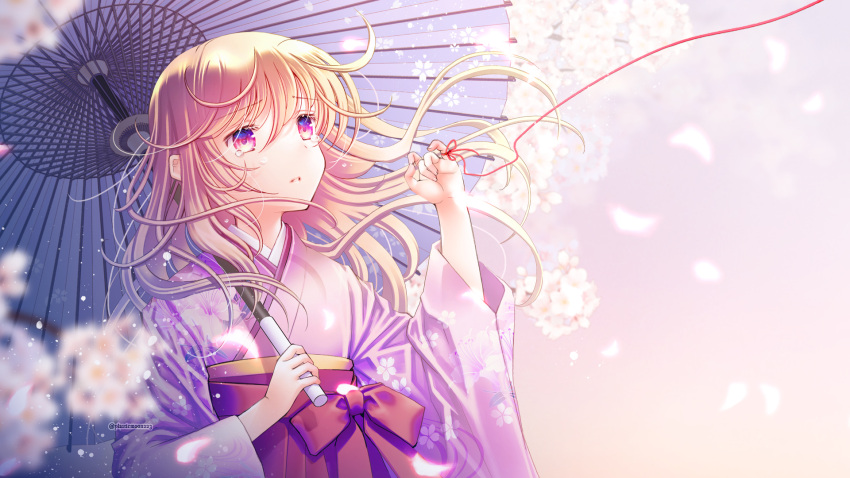 1girl blonde_hair cherry_blossoms crying falling_petals flower hand_up highres holding holding_umbrella japanese_clothes kimono long_hair long_sleeves looking_up obi oil-paper_umbrella original parted_lips petals plastic_moon purple_eyes sash solo string string_around_finger string_of_fate tears umbrella wide_sleeves wind